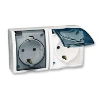 Розетка 2-м ОП Simon15 с защ.крышкой с з/к IP54 бел