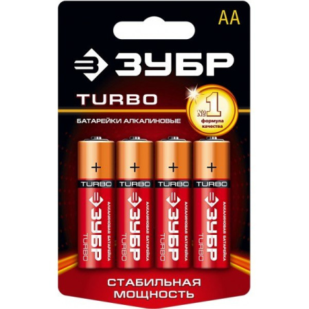 Батарейка ЗУБР 'TURBO' щелочная (алкалин.) тип АА 1,5В 4шт на карточке